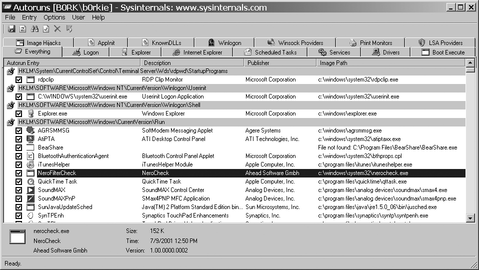 Sysinternals Autoruns default workspace