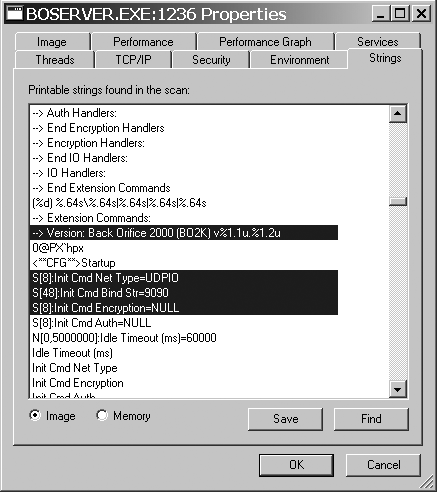 Using Process Explorer to perform a string search on the BO2K binary