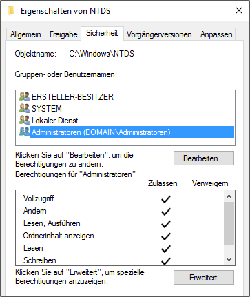 Die NTFS-Zugriffsrechte für den Ordner »NTDS« mit den Active-Directory-Informationen  