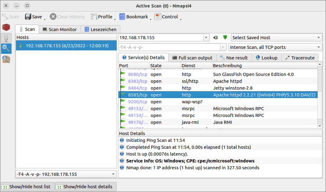 Nmapsi4 findet eine Menge aktiver Ports im Metasploitable 3-System.  