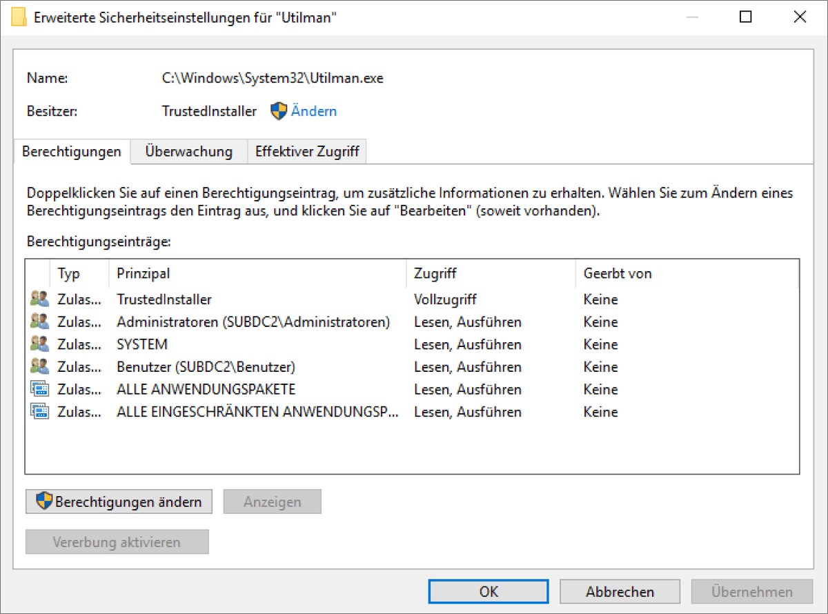 Besitzer der Datei »Utilman.exe«  