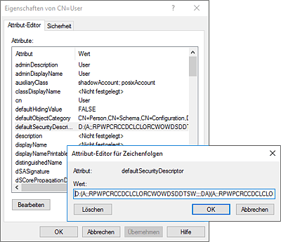 Darstellung des Attributs defaultSecurityDescriptor im SDDL-Format  