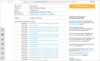 Der Eintrag zum Rheinwerk Verlag auf »www.unternehmen24.info« wurde über Google gefunden.  