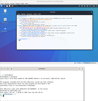 Oben Kali Linux in einem VirtualBox-Fenster, unten ein Terminalfenster mit einer SSH-Verbindung zu Kali Linux
 