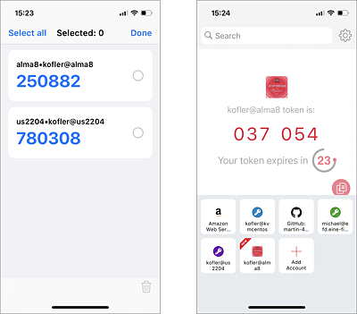 Die App »Google Authenticator« (links) generiert für einmal eingerichtete Accounts alle 30 Sekunden neue Zifferncodes. Die App »Authy« (rechts) ist eine komfortablere Alternative dazu.  