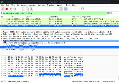 Wireshark, das hier auf einem als WLAN-Access-Point konfigurierten Raspberry Pi läuft, hat einen HTTP-Post-Request aufgezeichnet. Das Passwort ist im Klartext zu lesen.  