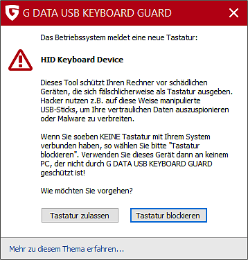 Der G DATA USB Keyboard Guard warnt bei neuen Tastaturen.  