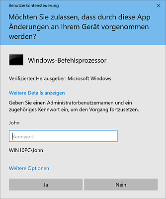 Die Benutzerkontensteuerung fordert nun das Administratorpasswort.
 