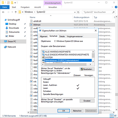 Berechtigung der Datei »Utilman.exe«  