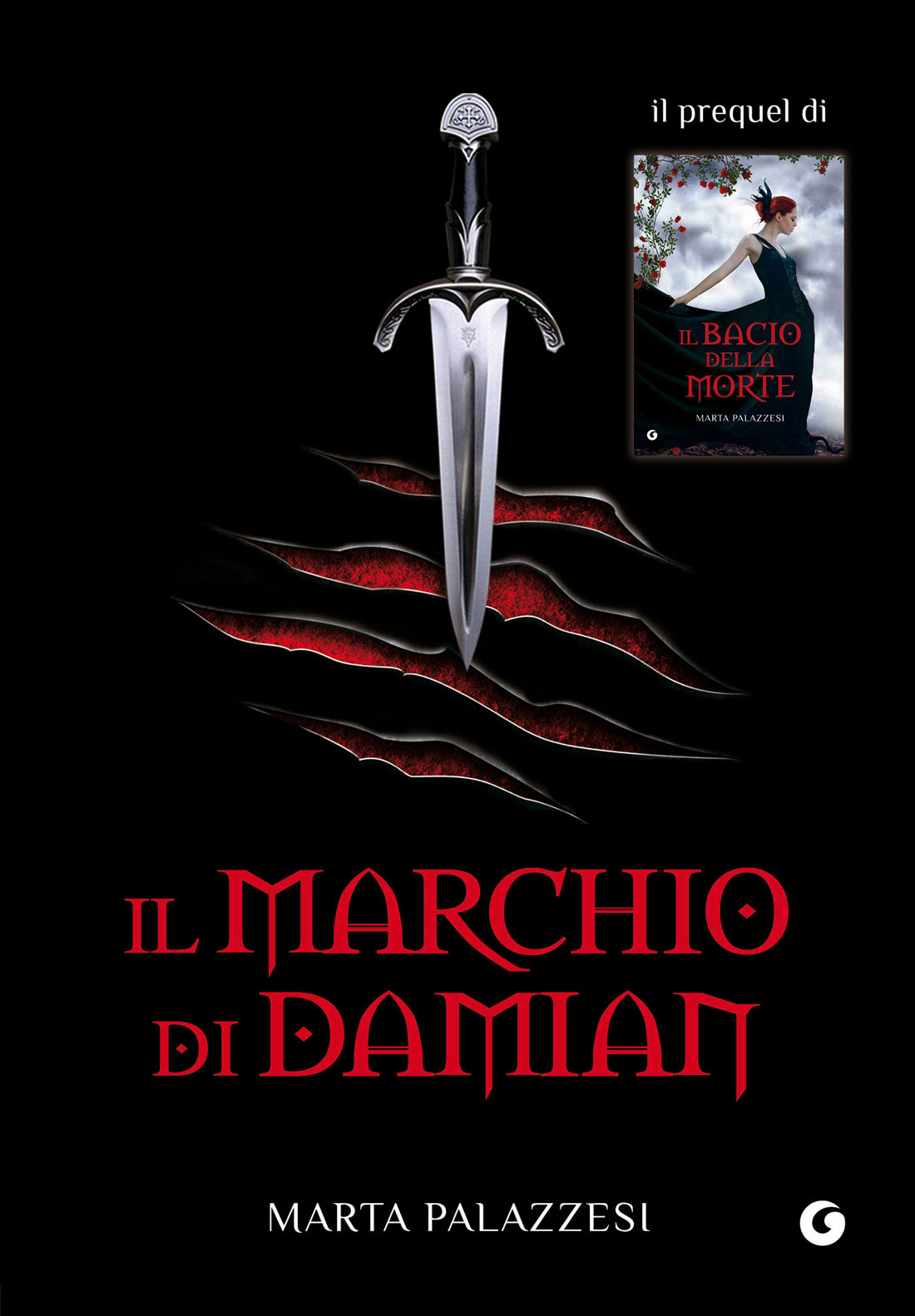 Copertina: Marta Palazzesi - Il marchio di Damian - GiuntiL'immagine di copertina raffigura un pugnale su sfondo nero con quattro fenditure rosse. In alto a destra la scritta: "il prequel di" e sotto la scritta si riporta la copertina in miniatura del libro già pubblicato della stessa autrice "Il bacio della morte", raffigurante una giovane donna con i capelli rossi in abito da sera scuro, con lungo strascico e sullo sfondo, rose rosse e cielo nuvoloso.