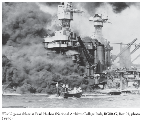 Image: West Virginia ablaze at Pearl Harbor (National Archives College Park, RG80-G, Box 91, photo 19930).