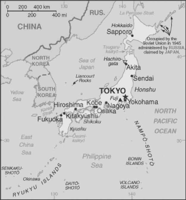 0 200 400km 0 2O0 400mi 130 RUS 140 la perouse strait CHINA Hokkaido sapporOccupied by the Soviet Union in 1945 administered by RUSSIA, claimed by JAPAN. North Korea sea of Japan Tsugaru Kaikyo Hachirogata Akita 40 Liancourt Rocks Sendai Yellow sea SOUTH KOREA TOKYO Honshu Korea strait Hiroshima Kobe Fuji Yokohama Nagoya NORTH PACIFIC OCEAN Fukuoka Kitakyushu Osaka Shikoku NAMPO SHOTO Kyushu East China sea Osumi kaikyo Philippine Sea Brown Islands SEBNKAKU-SHOTO Okinawa RYUKYU ISLANDS DAITO SHOTO VOLCANO ISLANDS 130 140150 40 30 140 130 30