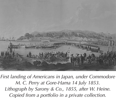 First landing of Americans in Japan, under Commodore M. C. Perry at Gore-Hama 14 July 1853. Lithograph by Sarony & Co., 1855, after W. Heine. Copied from a portfolio in a private collection.