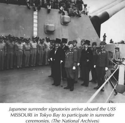 Japanese surrender signatories arrive aboard the USS MISSOURI in Tokyo Bay to participate in surrender ceremonies. (The National Archives)