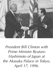 President Bill Clinton with Prime Minister Ryutaro Hashimoto of Japan at the Akasaka Palace in Tokyo, April 17, 1996.