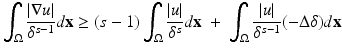 
$$\displaystyle{ \int _{\Omega }\frac{\vert \nabla u\vert } {\delta ^{s-1}} d\mathbf{x} \geq (s - 1)\int _{\Omega }\frac{\vert u\vert } {\delta ^{s}} d\mathbf{x}\ +\ \int _{\Omega } \frac{\vert u\vert } {\delta ^{s-1}}(-\Delta \delta )d\mathbf{x} }$$
