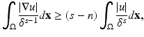 
$$\displaystyle{\int _{\Omega }\frac{\vert \nabla u\vert } {\delta ^{s-1}} d\mathbf{x} \geq (s - n)\int _{\Omega }\frac{\vert u\vert } {\delta ^{s}} d\mathbf{x},}$$
