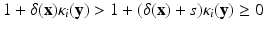 
$$\displaystyle{1 +\delta (\mathbf{x})\kappa _{i}(\mathbf{y}) > 1 + (\delta (\mathbf{x}) + s)\kappa _{i}(\mathbf{y}) \geq 0}$$
