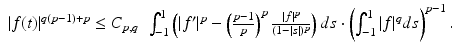 
$$\displaystyle{ \begin{array}{rl} \vert f(t)\vert ^{q(p-1)+p} \leq C_{p,q}&\int _{-1}^{1}\left (\vert f'\vert ^{p} -\left (\frac{p-1} {p} \right )^{p} \frac{\vert f\vert ^{p}} {(1-\vert s\vert )^{p}}\right )ds \cdot \left (\int _{-1}^{1}\vert f\vert ^{q}ds\right )^{p-1}.\end{array} }$$
