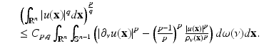 
$$\displaystyle\begin{array}{rcl} & & \left (\int _{\mathbb{R}^{n}}\vert u(\mathbf{x})\vert ^{q}d\mathbf{x}\right )^{\frac{p} {q} } {}\\ & & \leq C_{p,q}\int _{\mathbb{R}^{n}}\int _{\mathbb{S}^{n-1}}\left (\left \vert \partial _{\nu }u(\mathbf{x})\right \vert ^{p} -\left (\frac{p - 1} {p} \right )^{p}\frac{\vert u(\mathbf{x})\vert ^{p}} {\rho _{\nu }(\mathbf{x})^{p}} \right )d\omega (\nu )d\mathbf{x}. {}\\ \end{array}$$
