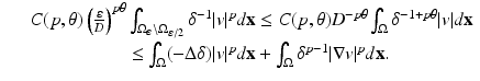 
$$\displaystyle\begin{array}{rcl} & & C(p,\theta )\left ( \frac{\varepsilon } {D}\right )^{p\theta }\int _{ \Omega _{\varepsilon }\setminus \Omega _{\varepsilon /2}}\delta ^{-1}\vert v\vert ^{p}d\mathbf{x} \leq C(p,\theta )D^{-p\theta }\int _{ \Omega }\delta ^{-1+p\theta }\vert v\vert d\mathbf{x} \\ & & \phantom{C(p,\theta )\left ( \frac{\varepsilon } {D}\right )^{p\theta }} \leq \int _{ \Omega }(-\Delta \delta )\vert v\vert ^{p}d\mathbf{x} +\int _{ \Omega }\delta ^{p-1}\vert \nabla v\vert ^{p}d\mathbf{x}. {}\end{array}$$
