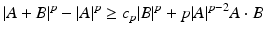 
$$\displaystyle{ \vert A + B\vert ^{p} -\vert A\vert ^{p} \geq c_{ p}\vert B\vert ^{p} + p\vert A\vert ^{p-2}A \cdot B }$$
