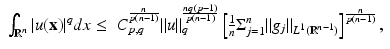 
$$\displaystyle{\begin{array}{rl} \int _{\mathbb{R}^{n}}\vert u(\mathbf{x})\vert ^{q}dx \leq &C_{p,q}^{ \frac{n} {p(n-1)} }\|u\|_{q}^{\frac{nq(p-1)} {p(n-1)} }\left [ \frac{1} {n}\Sigma _{j=1}^{n}\|g_{ j}\|_{L^{1}(\mathbb{R}^{n-1})}\right ]^{ \frac{n} {p(n-1)} },\end{array} }$$
