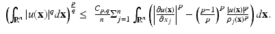 
$$\displaystyle{\begin{array}{rl} \left (\int _{\mathbb{R}^{n}}\vert u(\mathbf{x})\vert ^{q}d\mathbf{x}\right )^{\frac{p} {q} } \leq &\frac{C_{p,q}} {n} \Sigma _{j=1}^{n}\int _{\mathbb{R}^{n }}\left (\left \vert \frac{\partial u(\mathbf{x})} {\partial x_{j}} \right \vert ^{p} -\left (\frac{p-1} {p} \right )^{p}\frac{\vert u(\mathbf{x})\vert ^{p}} {\rho _{j}(\mathbf{x})^{p}} \right )d\mathbf{x}.\\ \end{array} }$$
