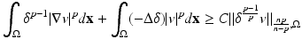 
$$\displaystyle{\int _{\Omega }\delta ^{p-1}\vert \nabla v\vert ^{p}d\mathbf{x} +\int _{ \Omega }(-\Delta \delta )\vert v\vert ^{p}d\mathbf{x} \geq C\|\delta ^{\frac{p-1} {p} }v\|_{ \frac{np} {n-p},\Omega }}$$
