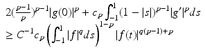 
$$\displaystyle{\begin{array}{l} 2(\frac{p-1} {p} )^{p-1}\vert g(0)\vert ^{p} + c_{ p}\int _{-1}^{1}(1 -\vert s\vert )^{p-1}\vert g'\vert ^{p}ds \\ \geq C^{-1}c_{p}\left (\int _{-1}^{1}\vert f\vert ^{q}ds\right )^{1-p}\vert f(t)\vert ^{q(p-1)+p} \end{array} }$$
