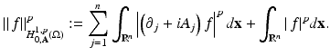 
$$\displaystyle{ \|\,f\|_{H_{0,\mathbf{A}}^{1,p}(\Omega )}^{p}:=\sum _{ j=1}^{n}\int _{ \mathbb{R}^{n}}\left \vert \left (\partial _{j} + iA_{j}\right )f\right \vert ^{p}d\mathbf{x} +\int _{ \mathbb{R}^{n}}\vert \,f\vert ^{p}d\mathbf{x}. }$$
