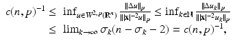 
$$\displaystyle{\begin{array}{rl} c(n,p)^{-1} \leq &\inf _{u\in W^{2,p}(\mathbb{R}^{n})} \frac{\|\Delta u\|_{p}} {\|\vert \mathbf{x}\vert ^{-2}u\|_{p}} \leq \inf _{k\in \mathbb{N}} \frac{\|\Delta u_{k}\|_{p}} {\|\vert \mathbf{x}\vert ^{-2}u_{k}\|_{p}} \\ \leq &\lim _{k\rightarrow \infty }\sigma _{k}(n -\sigma _{k} - 2) = c(n,p)^{-1}, \end{array} }$$
