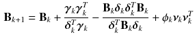 $$\begin{aligned} \mathbf {B}_{k+1}=\mathbf {B}_{k}+\frac{\varvec{\gamma }_{k} \varvec{\gamma }_{k}^T}{\varvec{\delta }_{k}^T \varvec{\gamma }_{k}}-\frac{\mathbf {B}_{k} \varvec{\delta }_{k} \varvec{\delta }_{k}^T \mathbf {B}_{k}}{\varvec{\delta }_{k}^T \mathbf {B}_{k} \varvec{\delta }_{k}} + \phi _{k} \varvec{\nu }_{k} \varvec{\nu }_{k}^T \end{aligned}$$