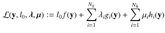 $$\begin{aligned} \mathcal {L}(\mathbf {y}, l_0, \varvec{\lambda }, \varvec{\mu }) :=l_0 f(\mathbf {y}) + \sum _{i=1}^{N_g}{\lambda _{i}g_{i}(\mathbf {y})} + \sum _{i=1}^{N_h}{\mu _{i}h_{i}(\mathbf {y})} \end{aligned}$$