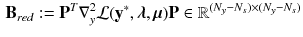 $$\begin{aligned} \mathbf {B}_{red} :=\mathbf {P}^T \nabla _y^2 \mathcal {L}(\mathbf {y}^*,\varvec{\lambda },\varvec{\mu }) \mathbf {P} \in \mathbb {R}^{(N_y - N_s) \times (N_y - N_s)} \end{aligned}$$