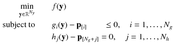 $$\begin{aligned} \min _{\mathbf {y} \in \mathbb {R}^{N_y}} \quad \quad&f(\mathbf {y}) \nonumber \\ \text {subject to} \quad \quad&g_i(\mathbf {y}) - \mathbf {p}_{[i]} \qquad \le 0, \quad i = 1,\dots , N_g \\&h_j(\mathbf {y}) - \mathbf {p}_{[N_g+j]} = 0, \quad j = 1, \dots , N_h \nonumber \end{aligned}$$