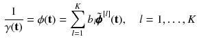 $$\begin{aligned} \frac{1}{\gamma (\mathbf {t})} = \phi (\mathbf {t}) = \sum _{l=1}^{K} b_l \tilde{\pmb {\phi }}^{[l]}(\mathbf {t}), \quad l=1,\ldots ,K \end{aligned}$$