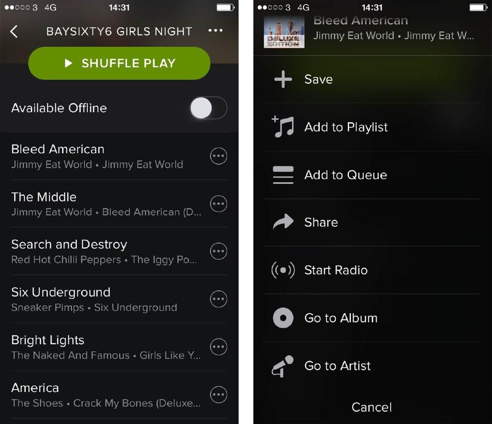 In the Spotify iOS app, the same menu is available on a separate screen