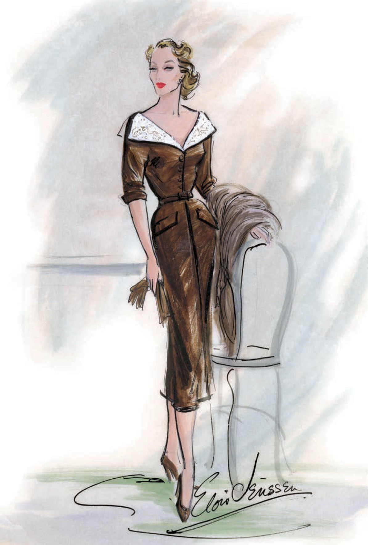 An Elois Jenssen sketch for Patricia Neal in Diplomatic Courier (1952).