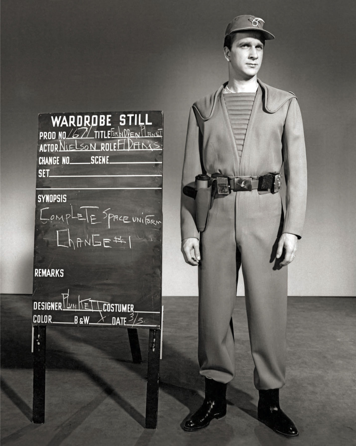 A Wardrobe test for Leslie Nielsen in Forbidden Planet (1956).