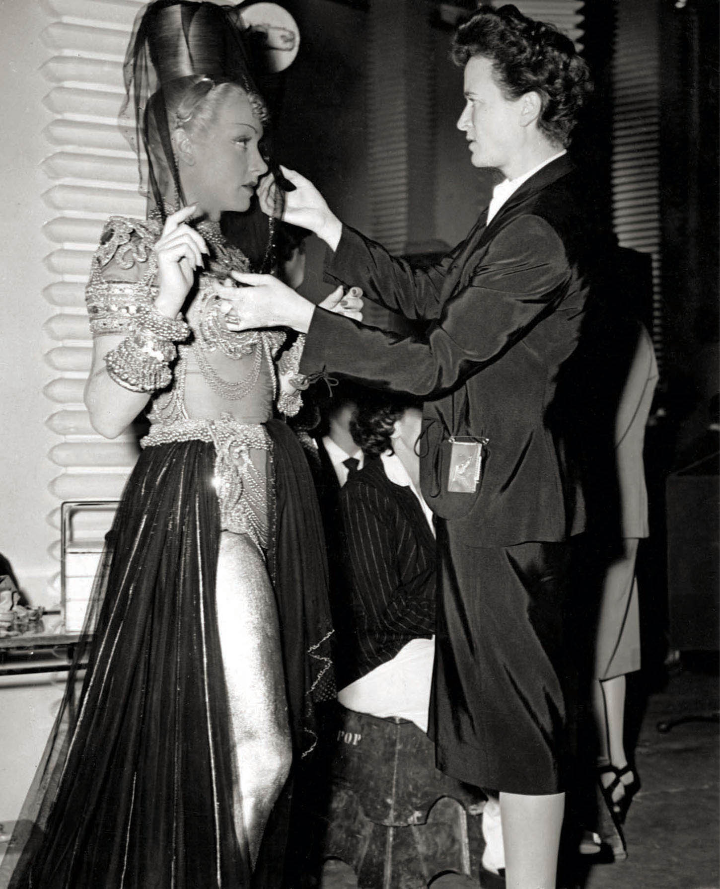 Marlene Dietrich and Irene on the set of Kismet (1944).