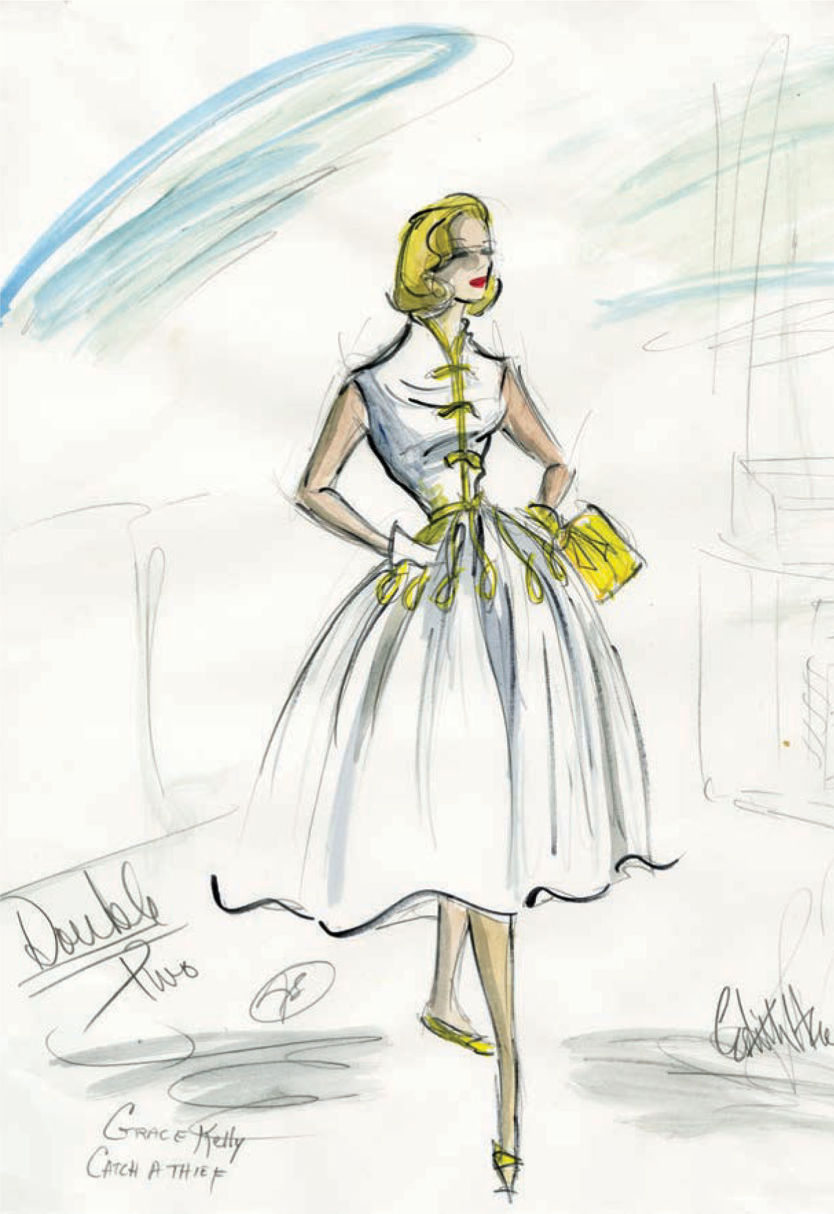 Costume sketches by Edith Head for Grace Kelly in To Catch a Thief (1955).