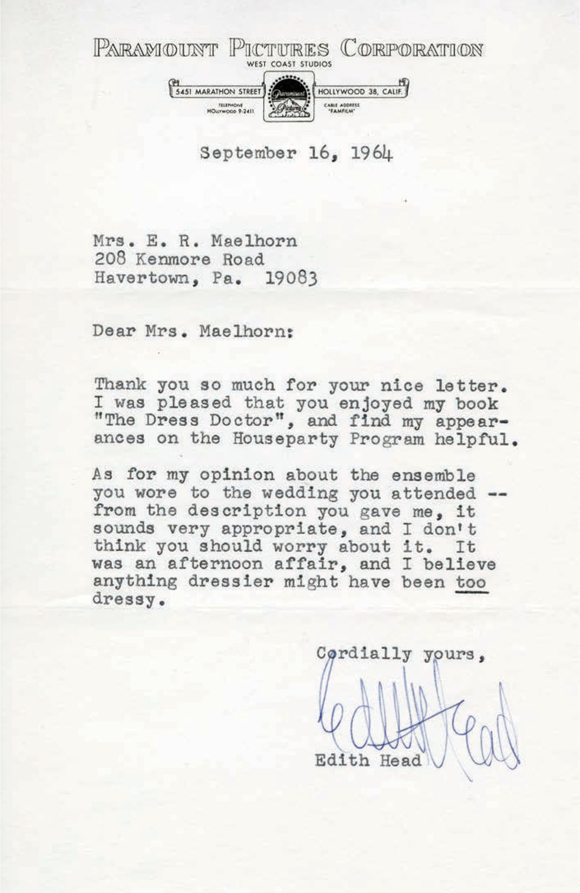 A letter from Edith Head offering advice to a fan.