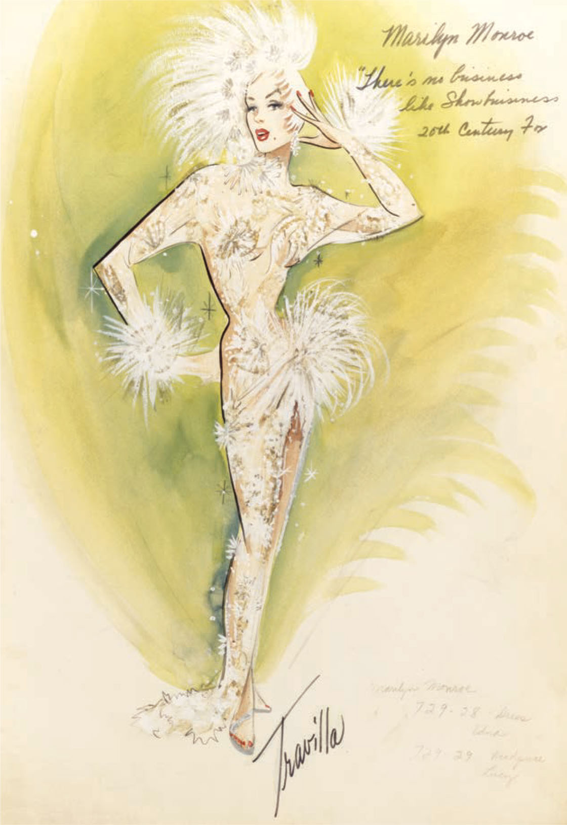 A William Travilla costume sketch for Marilyn Monroe in There’s No Business Like Show Business (1954).