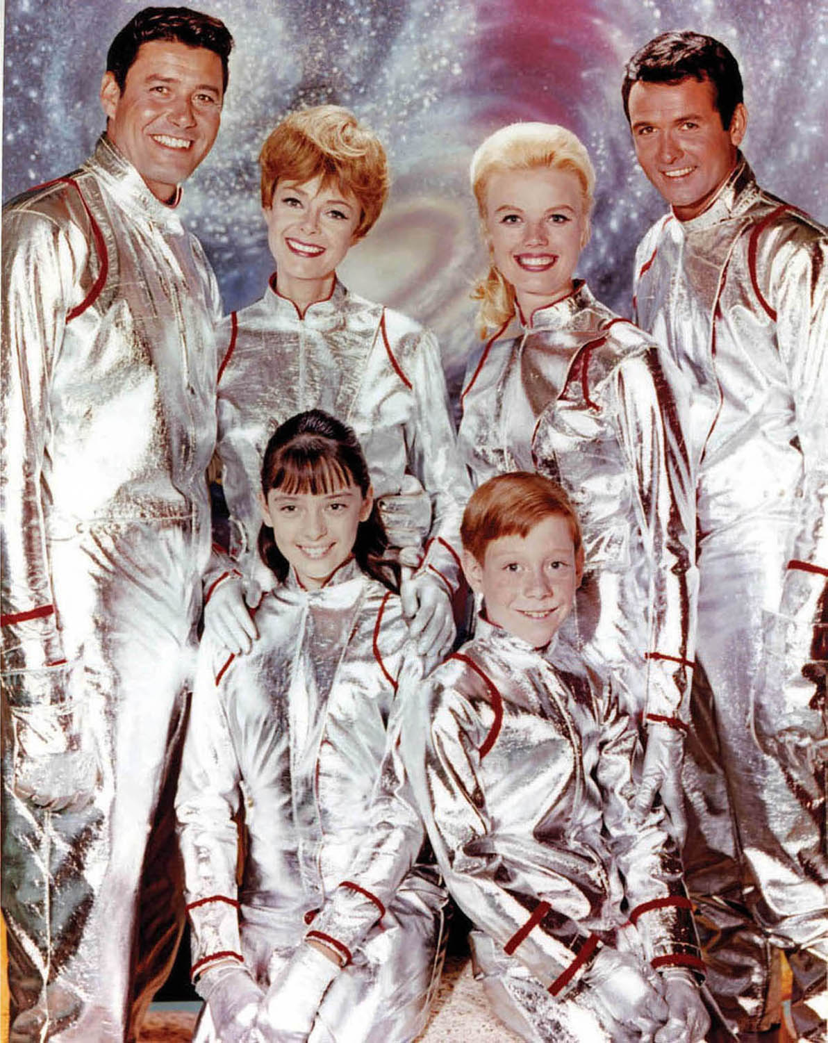 The cast of the television series Lost in Space (1965–68). Costume design by Paul Zastupnevich.