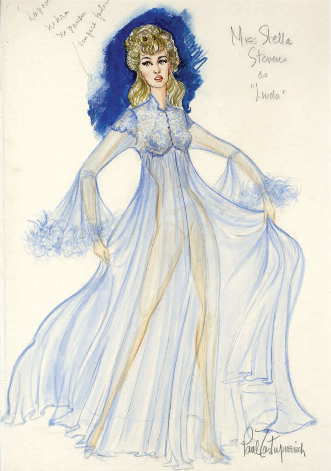 Paul Zastupnevich’s costume sketch for Stella Stevens in The Poseidon Adventure (1972).