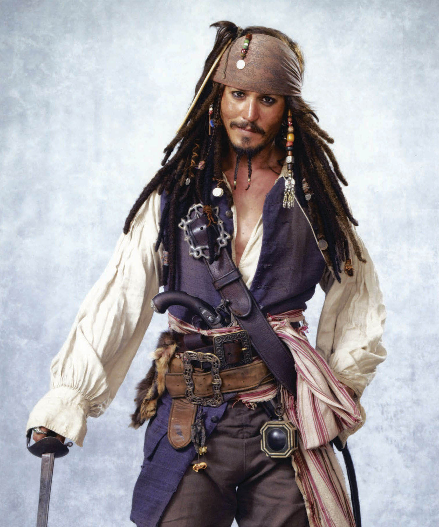 Johnny Depp in Pirates of the Caribbean: The Curse of the Black Pearl (2003). Costume design by Penny Rose.