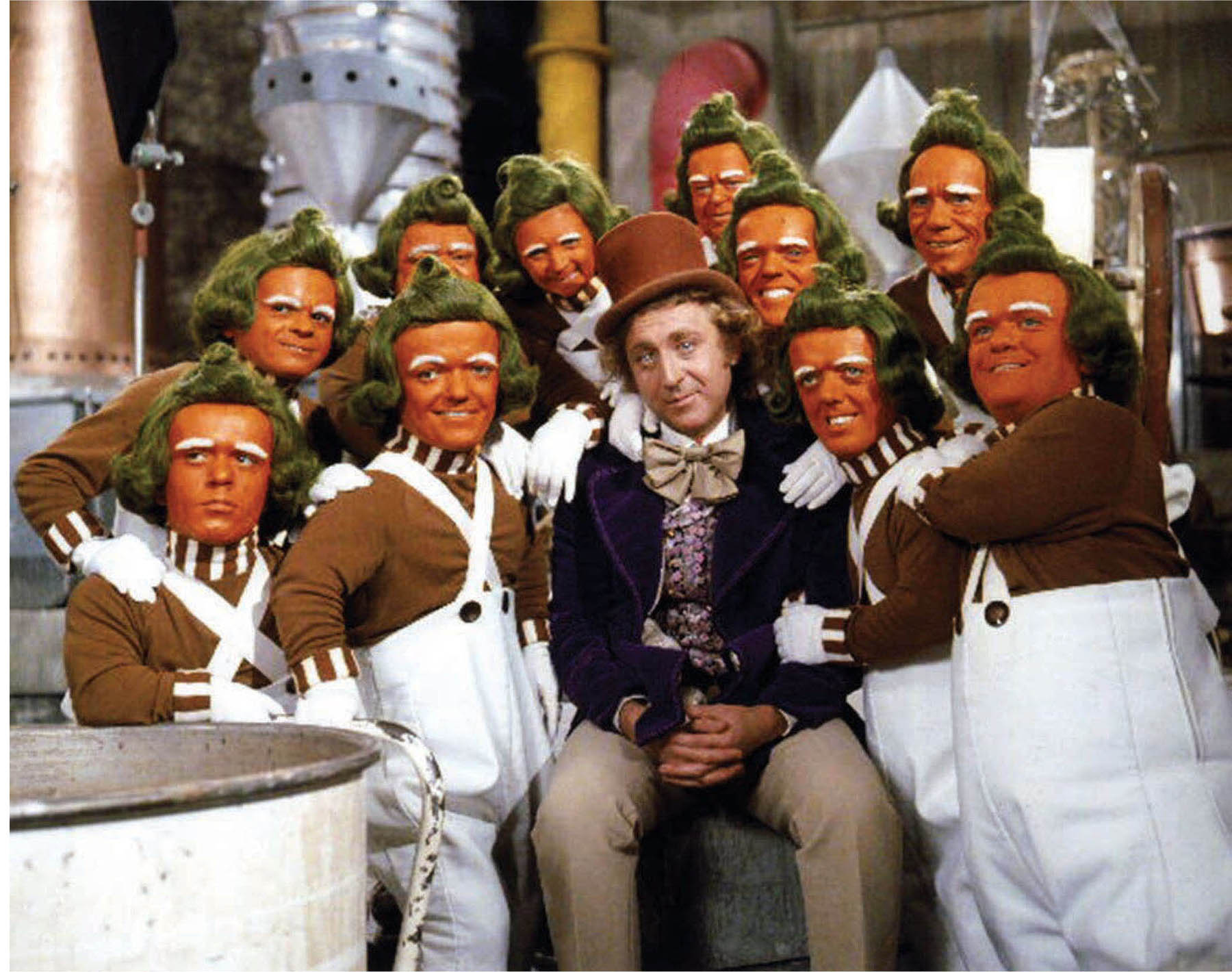 Gene Wilder and the Oompa Loompas in Willy Wonka and the Chocolate Factory (1971).