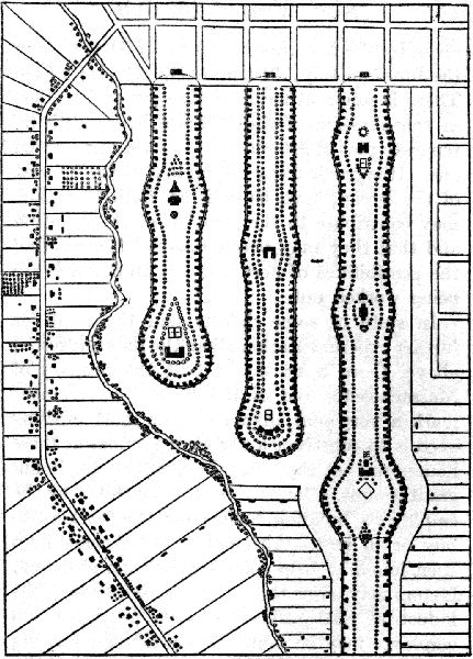 A COMMUNITY PLAN SUBMITTED BY MILO HASTINGS IN THE AMERICAN HOUSING COMPETITION, 1919, SHOWING THE U VARIATIONS, THE BACK SERVICE STREET, THE PROVISION FOR REAR GARDENS, AND THE OPEN AREAS ON WHICH ALL THE HOUSES WILL FRONT (Reprinted by permission from the Journal of the American Institute of Architects, June, 1919)