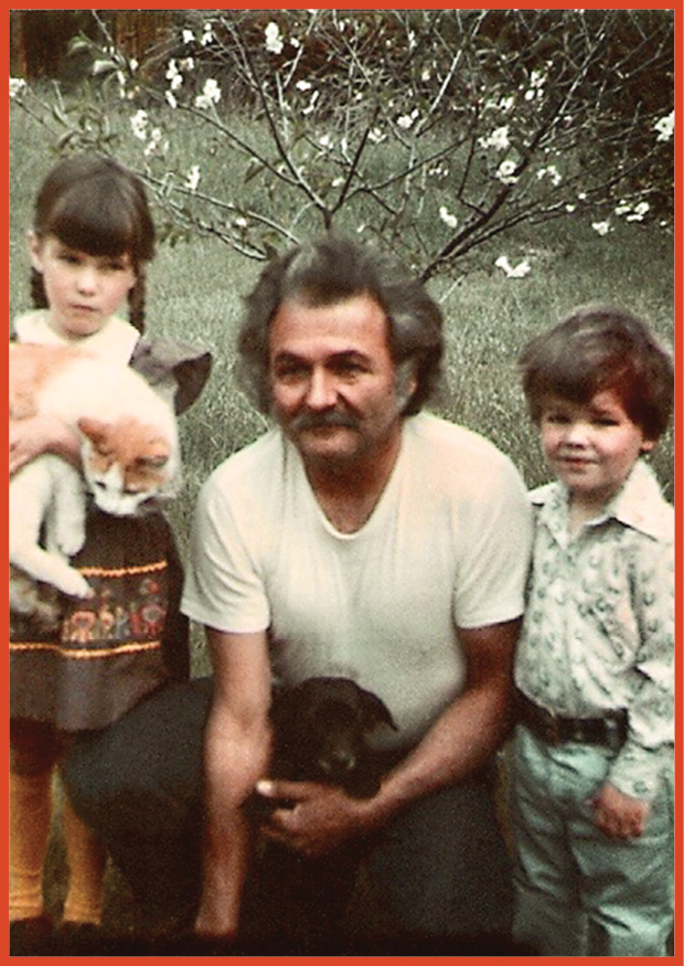 image of grandfather with his grandchildren and pets